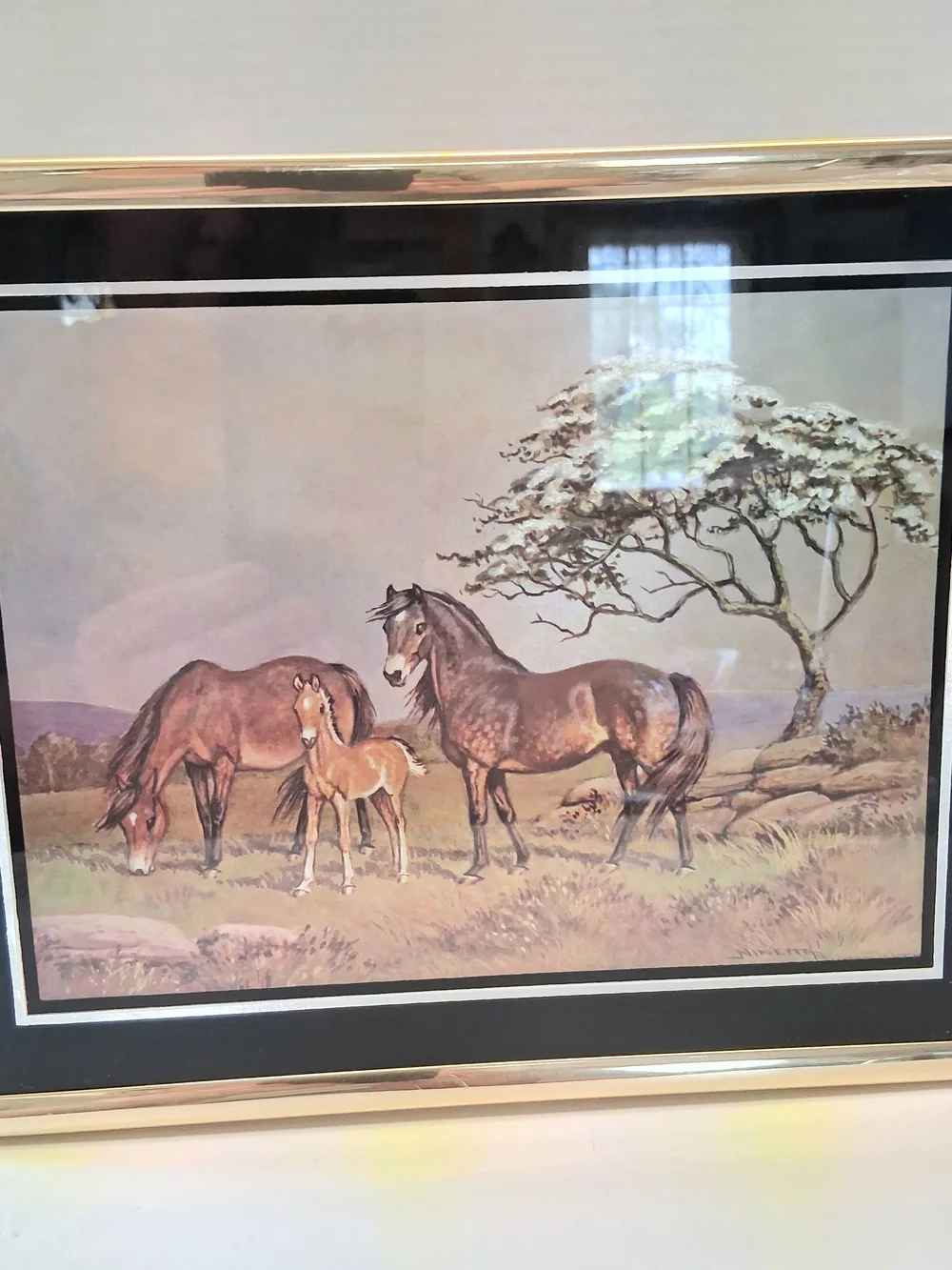 Vintage Ninetta Butterworth Horse Foal Metallic Textured Print Framed Equestrian